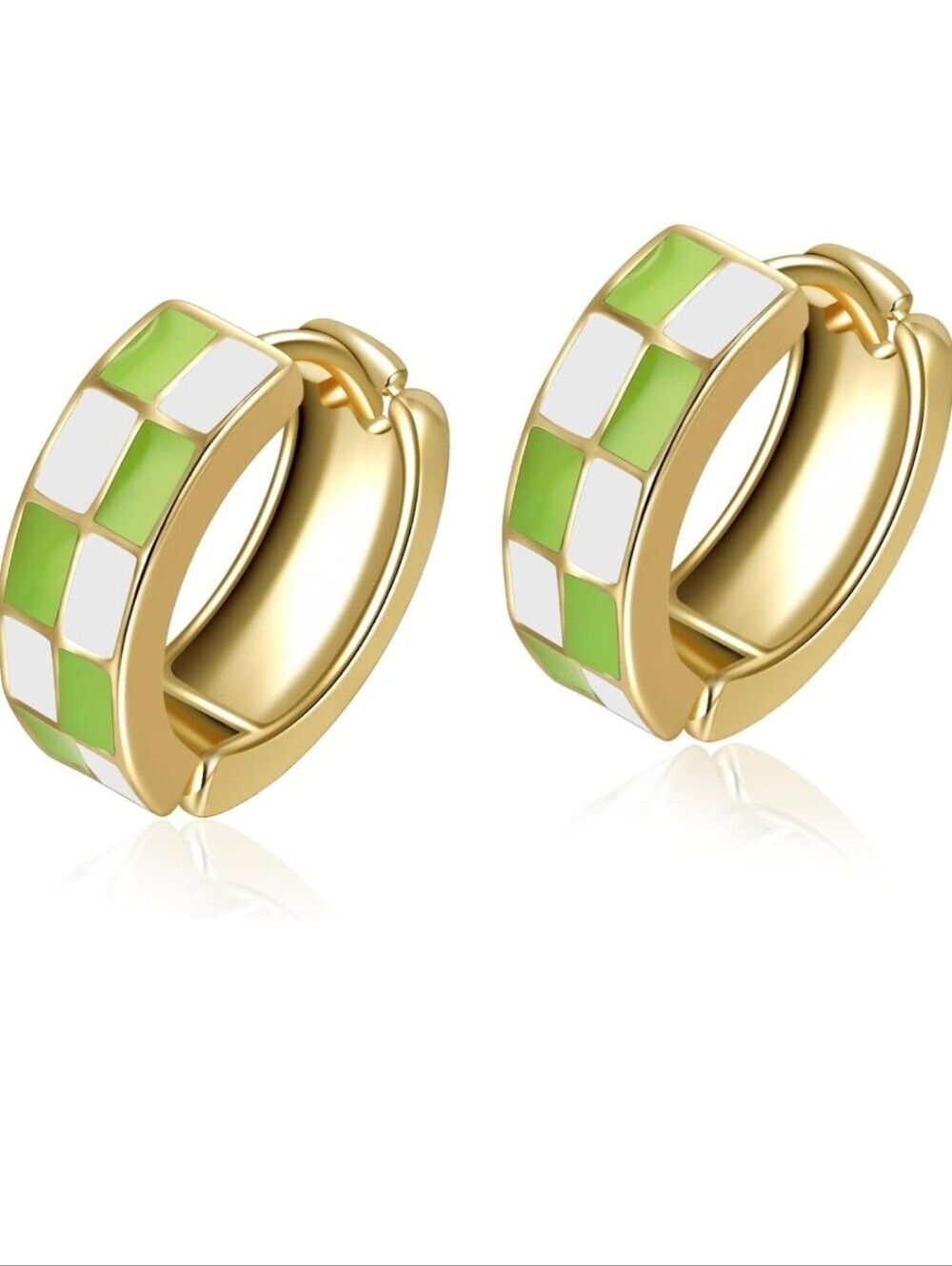 Gold Huggie Earrings with Green and White Enamel Check Design